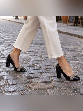 ENZO ANGIOLINI Vintage Black Pumps Taupe Strap Detail Sz8.5 Sexy Luxury Feminine